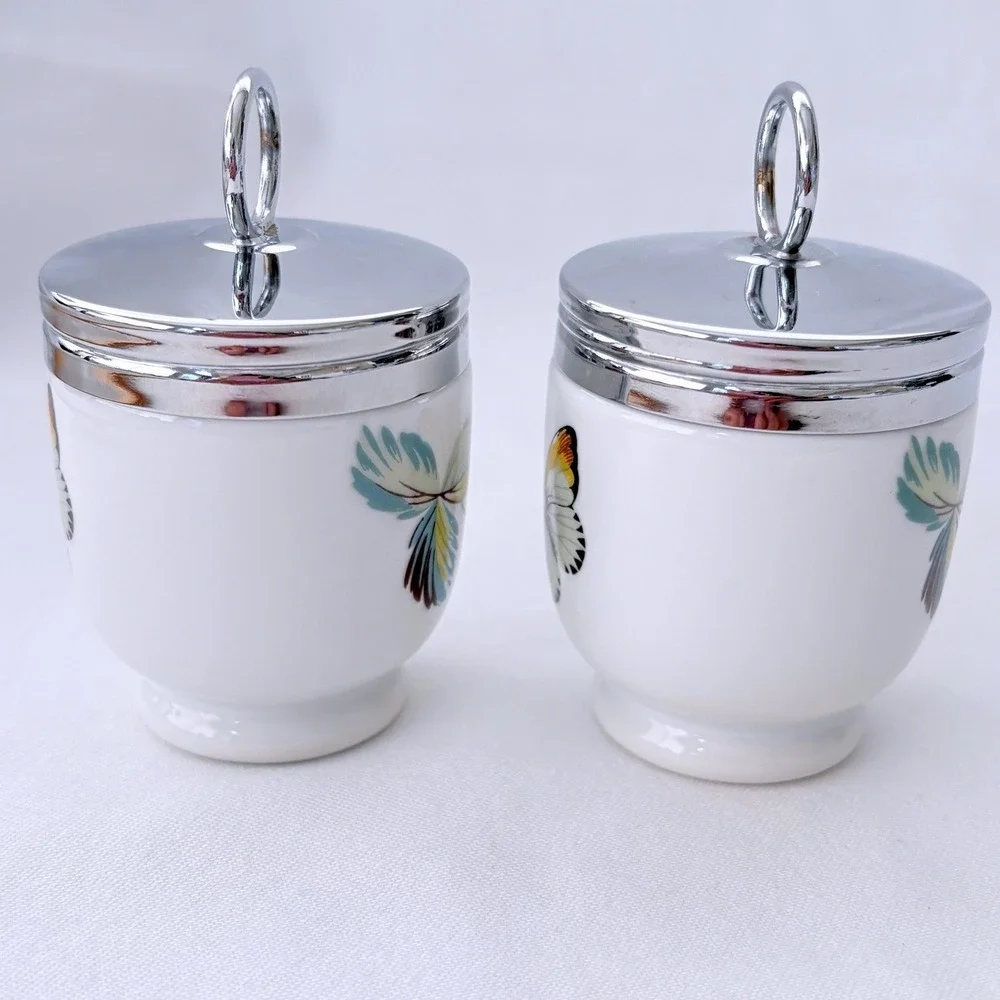 Royal Worcester England Porcelain Egg Coddlers Strawberry Fair Butterfly w/ Lids